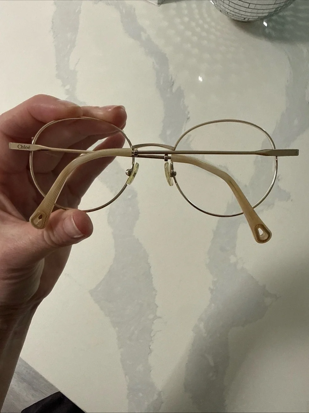Chloe Round Metal Women's Glasses in Gold and Beige Temple Tips